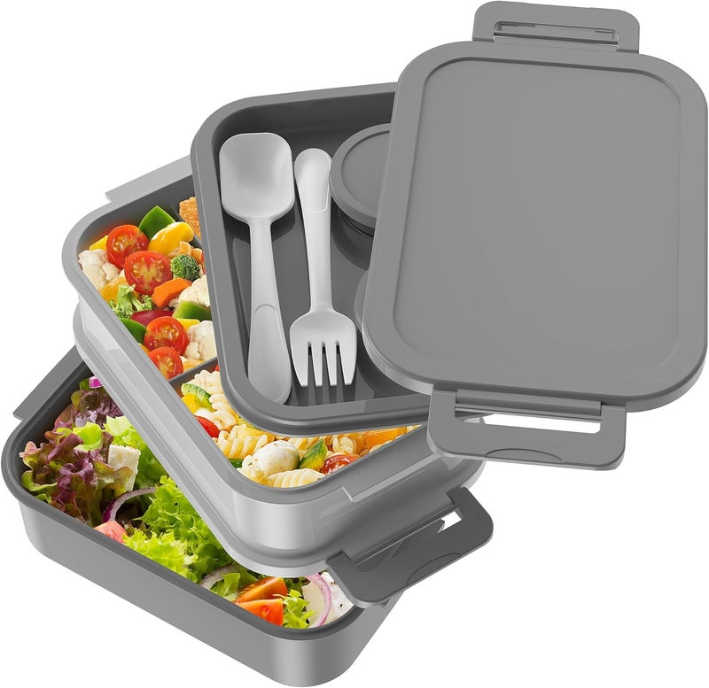 Jelife Adult Bento Box Lunch Box - 3 Layers Stackable Bento Lunch Box for Adults, 72oz Large-Style All-in-One Bento Boxes Leak-Proof Lunchbox with Utensil Sauce Containers for Dining Out,Work, Grey - Image 3